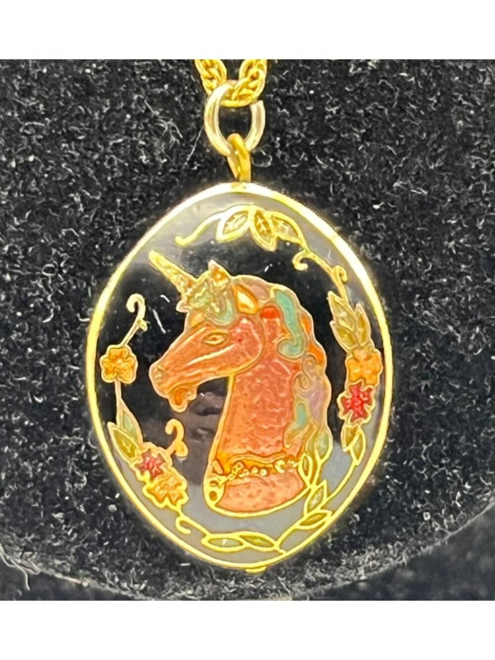 Vintage Unicorn Pendant Necklace Gold-Tone Cloisonne Black Double Sided Oval 23" - Picture 3 of 10